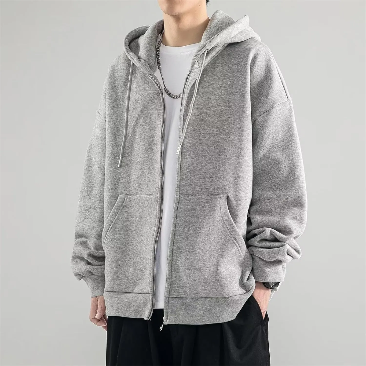 Men Full Zip Fleece Drawstring Hoodies Plain Basic Hooded Sweatshirt Workout Casual Solid Outerwear Jacket with Pockets