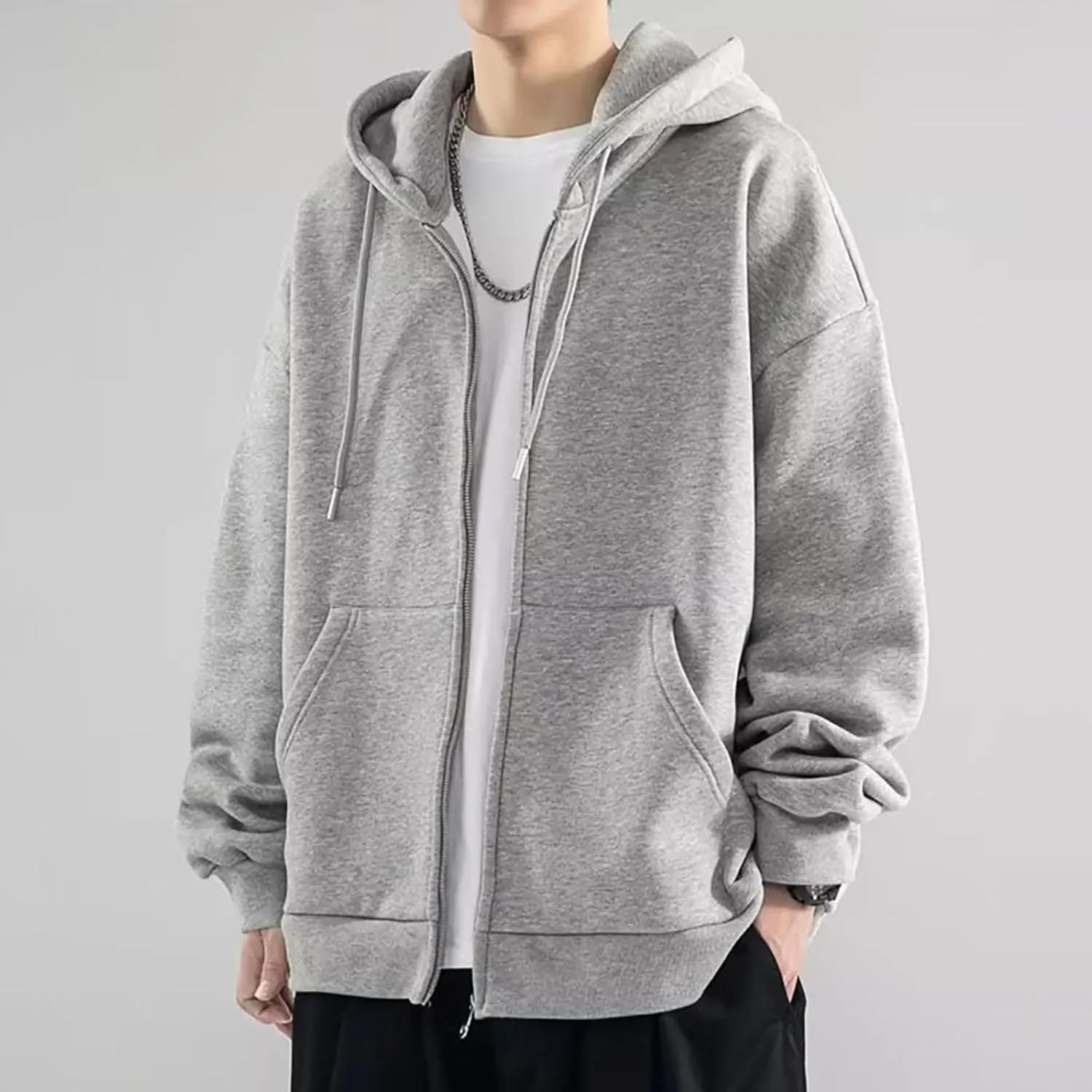 Men Full Zip Fleece Drawstring Hoodies Plain Basic Hooded Sweatshirt Workout Casual Solid Outerwear Jacket with Pockets