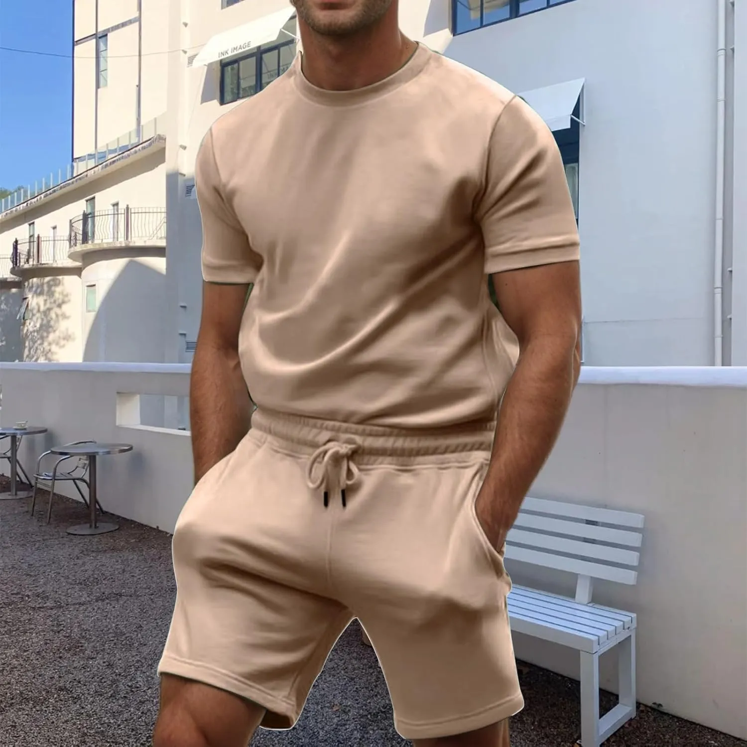 Mens 2 Piece Sweatsuits Sets, Short Sleeve Crewneck Sweatshirt with Casual Shorts for Sports, Workout, Running