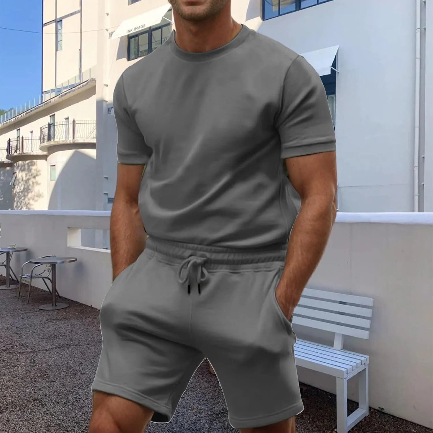 Mens 2 Piece Sweatsuits Sets, Short Sleeve Crewneck Sweatshirt with Casual Shorts for Sports, Workout, Running