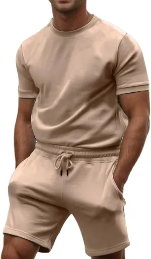 Mens 2 Piece Sweatsuits Sets, Short Sleeve Crewneck Sweatshirt with Casual Shorts for Sports, Workout, Running