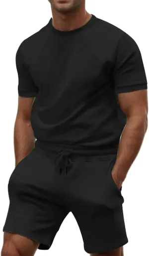 Mens 2 Piece Sweatsuits Sets, Short Sleeve Crewneck Sweatshirt with Casual Shorts for Sports, Workout, Running