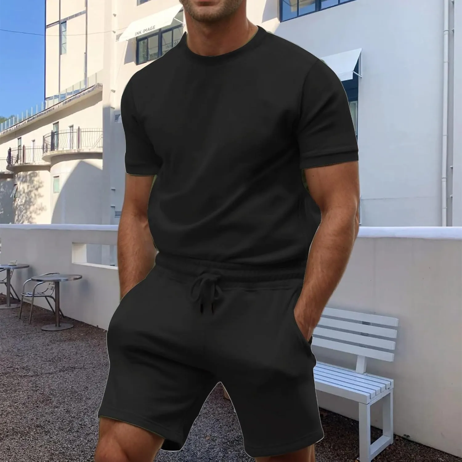 Mens 2 Piece Sweatsuits Sets, Short Sleeve Crewneck Sweatshirt with Casual Shorts for Sports, Workout, Running