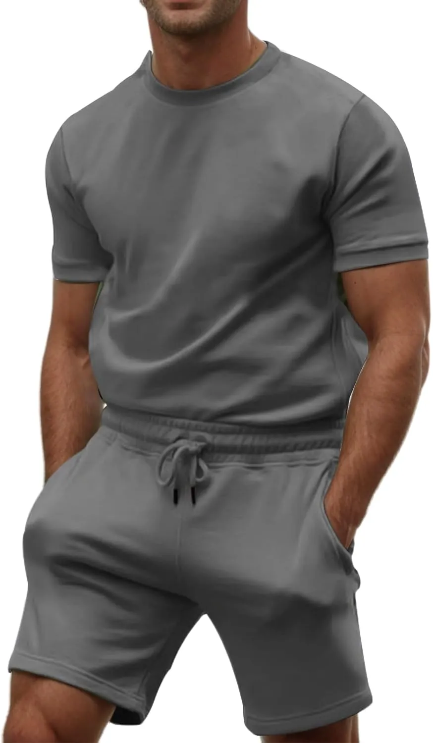 Mens 2 Piece Sweatsuits Sets, Short Sleeve Crewneck Sweatshirt with Casual Shorts for Sports, Workout, Running