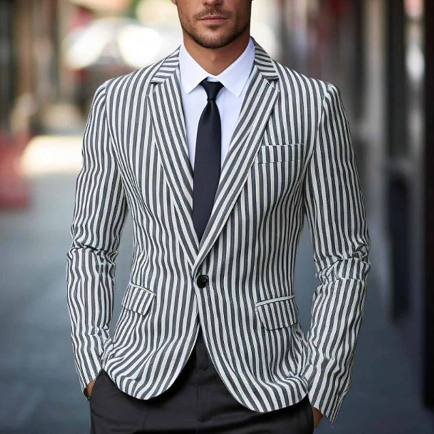 Mens Blazer Jacket Fashion Zebra Stripes Business Formal Suit Classic Lapel One Button Slim Fit Coats Dressy Blazers