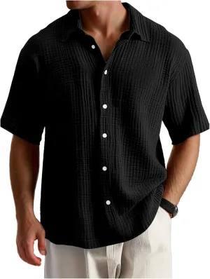 Men's Casual Button Down Shirts Loose Short Sleeve Textured Summer Beach Shirt Vacation Wedding Shirts Everyday Wear