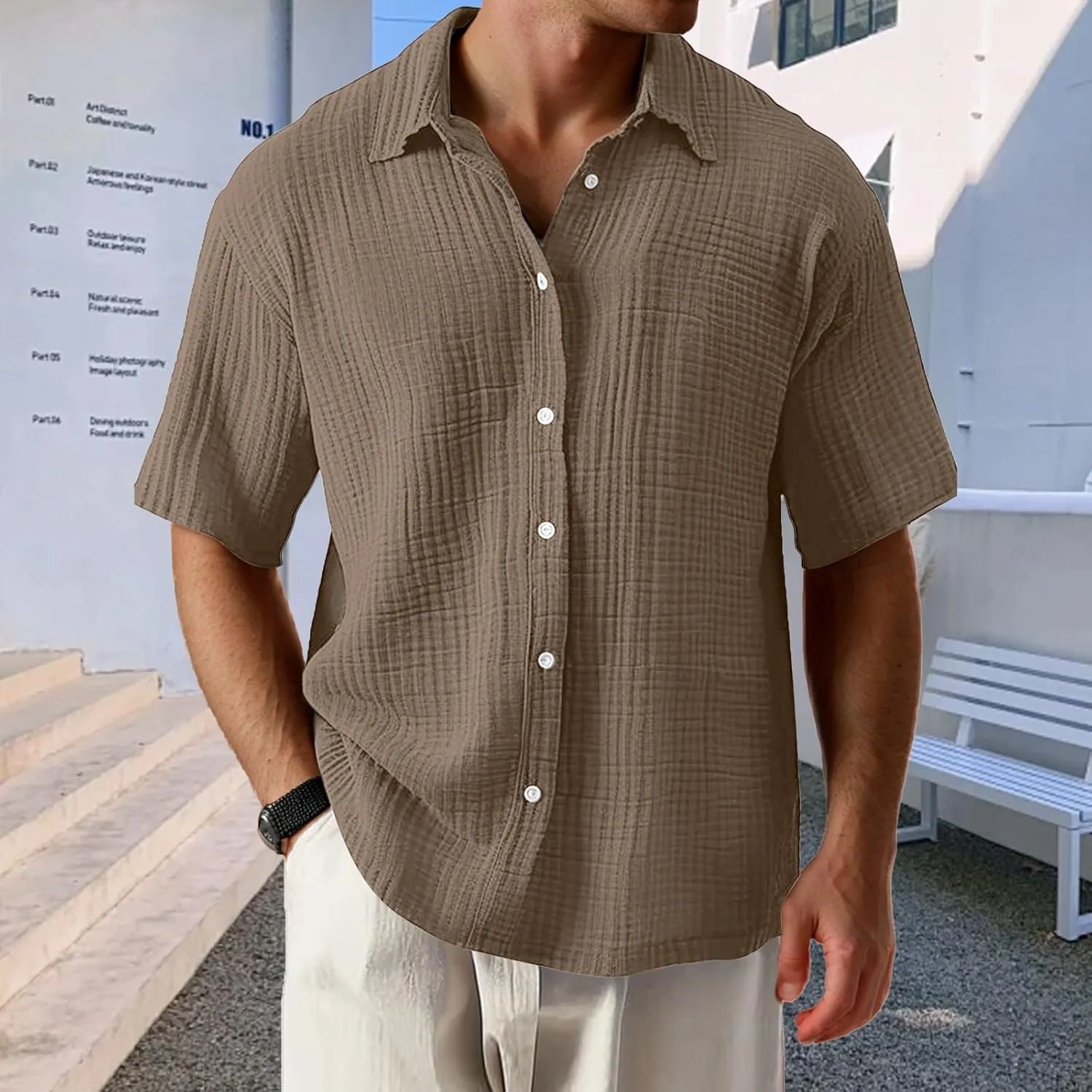 Men's Casual Button Down Shirts Loose Short Sleeve Textured Summer Beach Shirt Vacation Wedding Shirts Everyday Wear