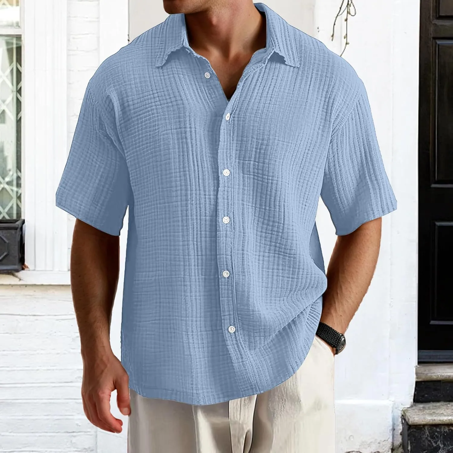 Men's Casual Button Down Shirts Loose Short Sleeve Textured Summer Beach Shirt Vacation Wedding Shirts Everyday Wear