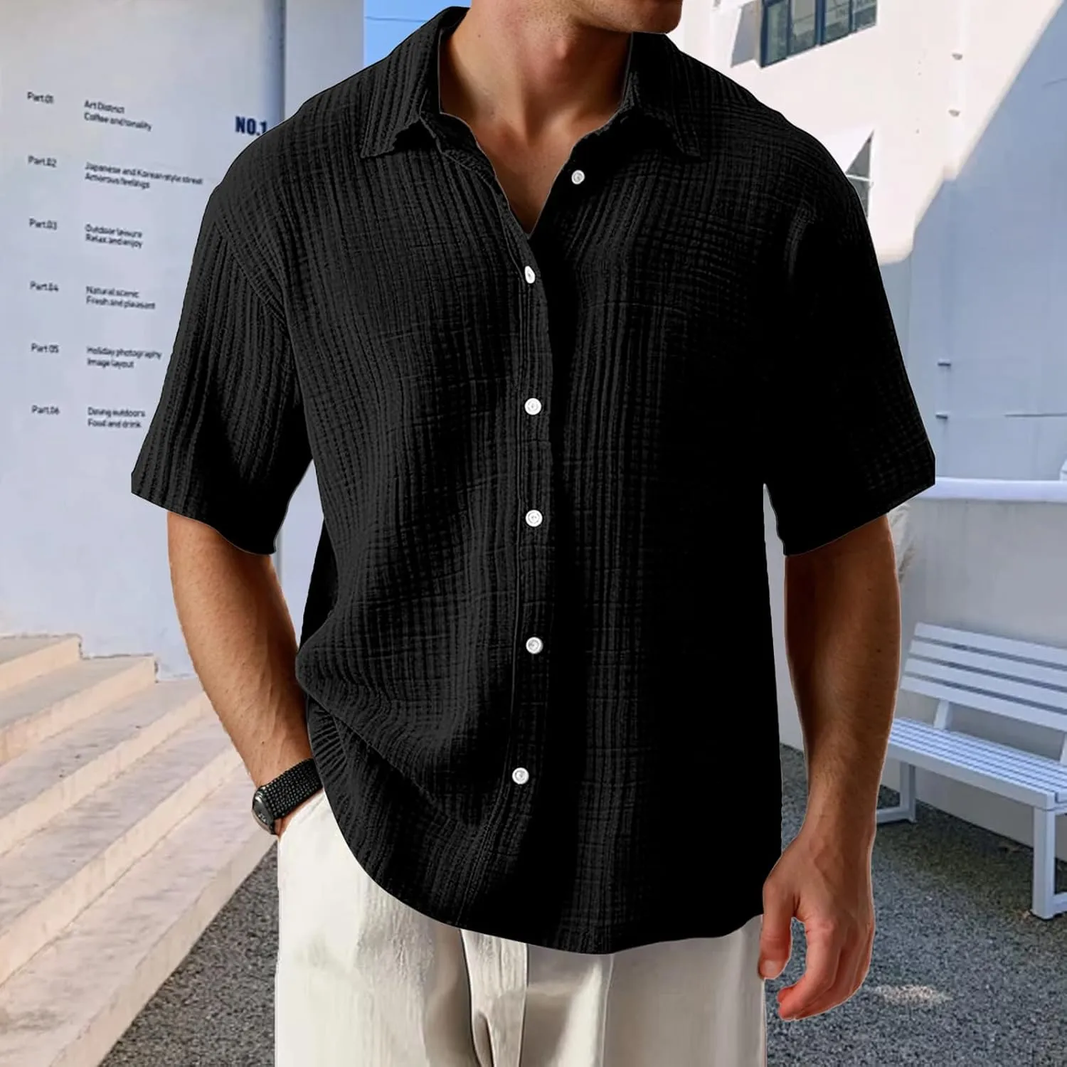 Men's Casual Button Down Shirts Loose Short Sleeve Textured Summer Beach Shirt Vacation Wedding Shirts Everyday Wear