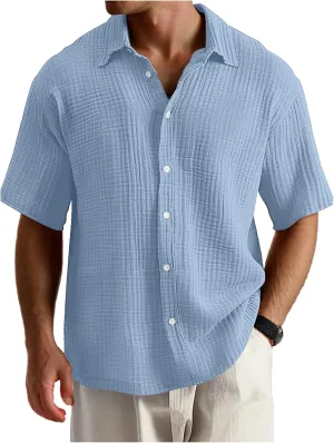 Men's Casual Button Down Shirts Loose Short Sleeve Textured Summer Beach Shirt Vacation Wedding Shirts Everyday Wear