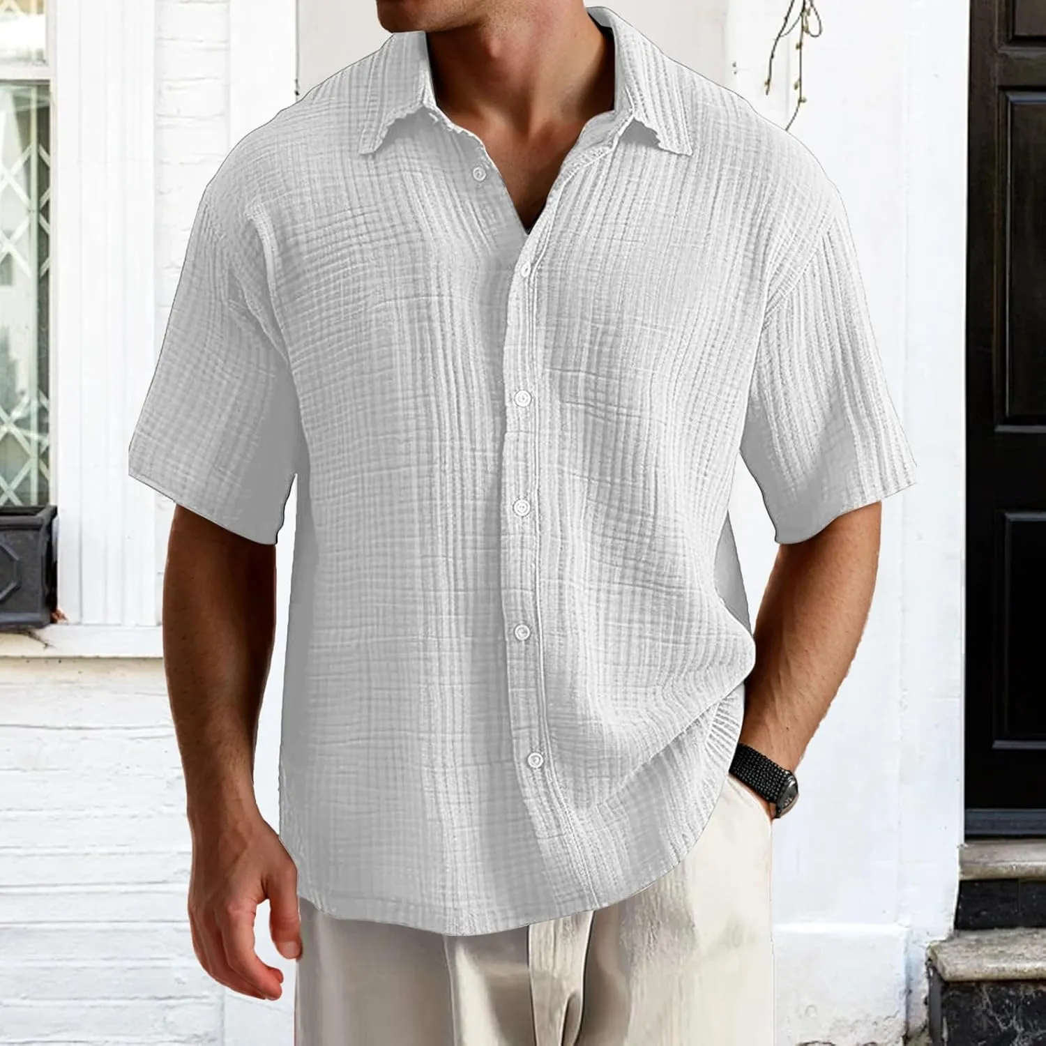 Men's Casual Button Down Shirts Loose Short Sleeve Textured Summer Beach Shirt Vacation Wedding Shirts Everyday Wear