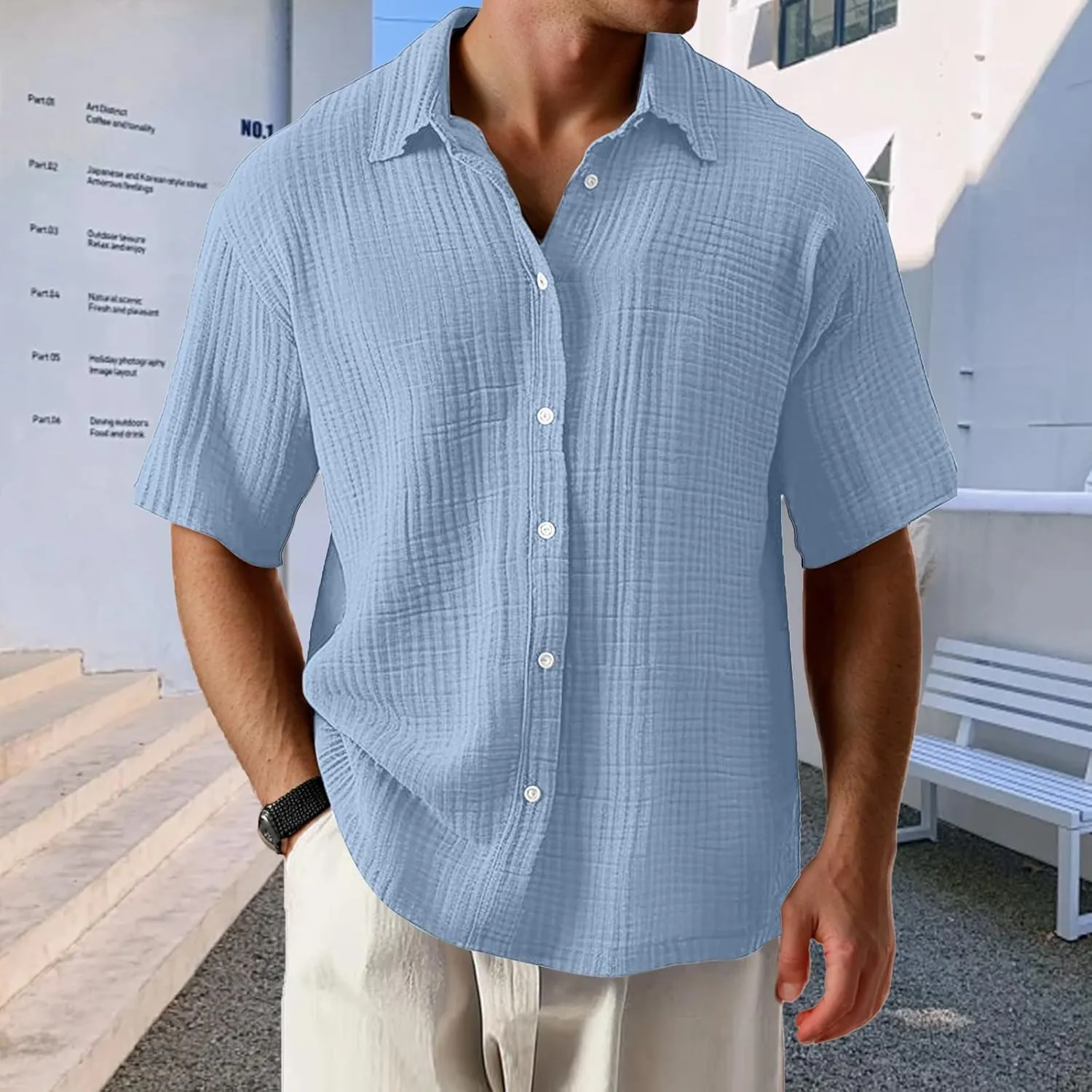 Men's Casual Button Down Shirts Loose Short Sleeve Textured Summer Beach Shirt Vacation Wedding Shirts Everyday Wear