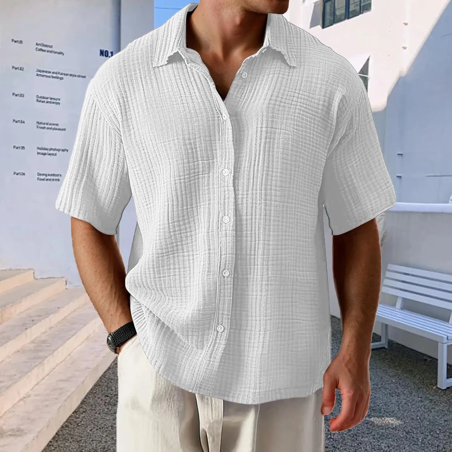Men's Casual Button Down Shirts Loose Short Sleeve Textured Summer Beach Shirt Vacation Wedding Shirts Everyday Wear