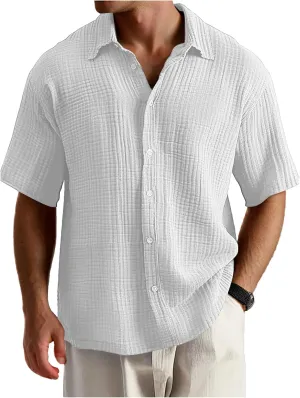 Men's Casual Button Down Shirts Loose Short Sleeve Textured Summer Beach Shirt Vacation Wedding Shirts Everyday Wear