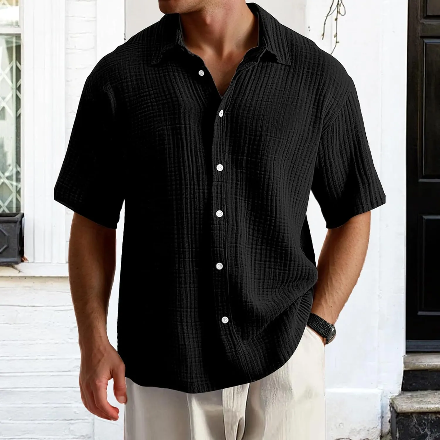 Men's Casual Button Down Shirts Loose Short Sleeve Textured Summer Beach Shirt Vacation Wedding Shirts Everyday Wear