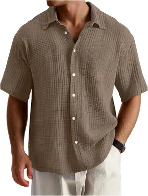 Men's Casual Button Down Shirts Loose Short Sleeve Textured Summer Beach Shirt Vacation Wedding Shirts Everyday Wear