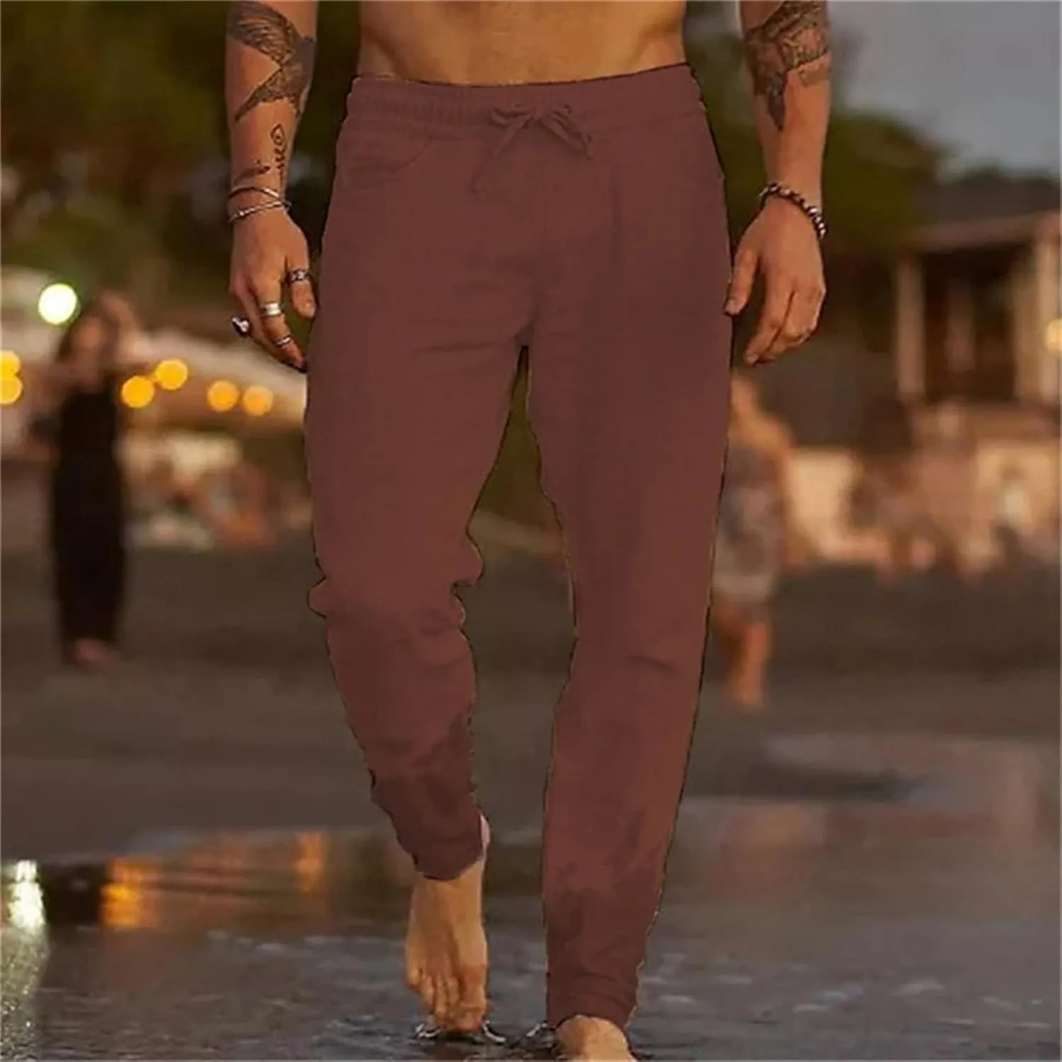 Mens Casual Linen Pants Elastic Waist Drawstring Lightweight Summer Beach Yoga Pants Tapered Chino Pants Work Trousers