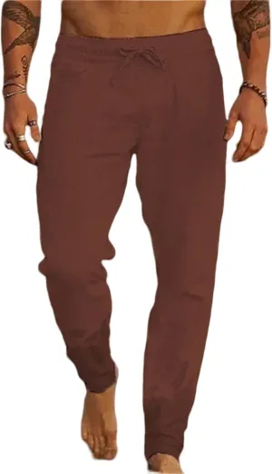 Mens Casual Linen Pants Elastic Waist Drawstring Lightweight Summer Beach Yoga Pants Tapered Chino Pants Work Trousers