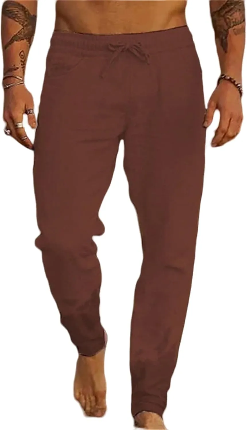 Mens Casual Linen Pants Elastic Waist Drawstring Lightweight Summer Beach Yoga Pants Tapered Chino Pants Work Trousers