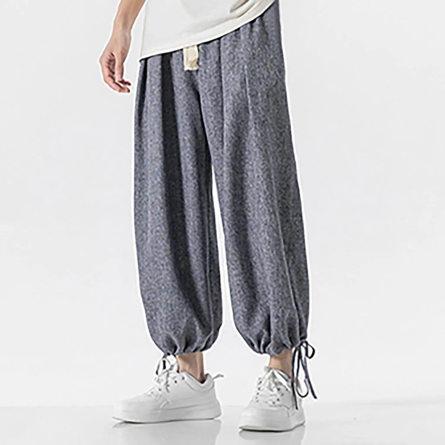 Men's Casual Linen Pants Elastic Waist Drawstring Summer Straight Solid Beach Pants Lightweight Drawstring Trousers