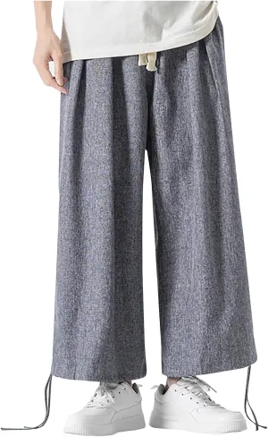 Men's Casual Linen Pants Elastic Waist Drawstring Summer Straight Solid Beach Pants Lightweight Drawstring Trousers