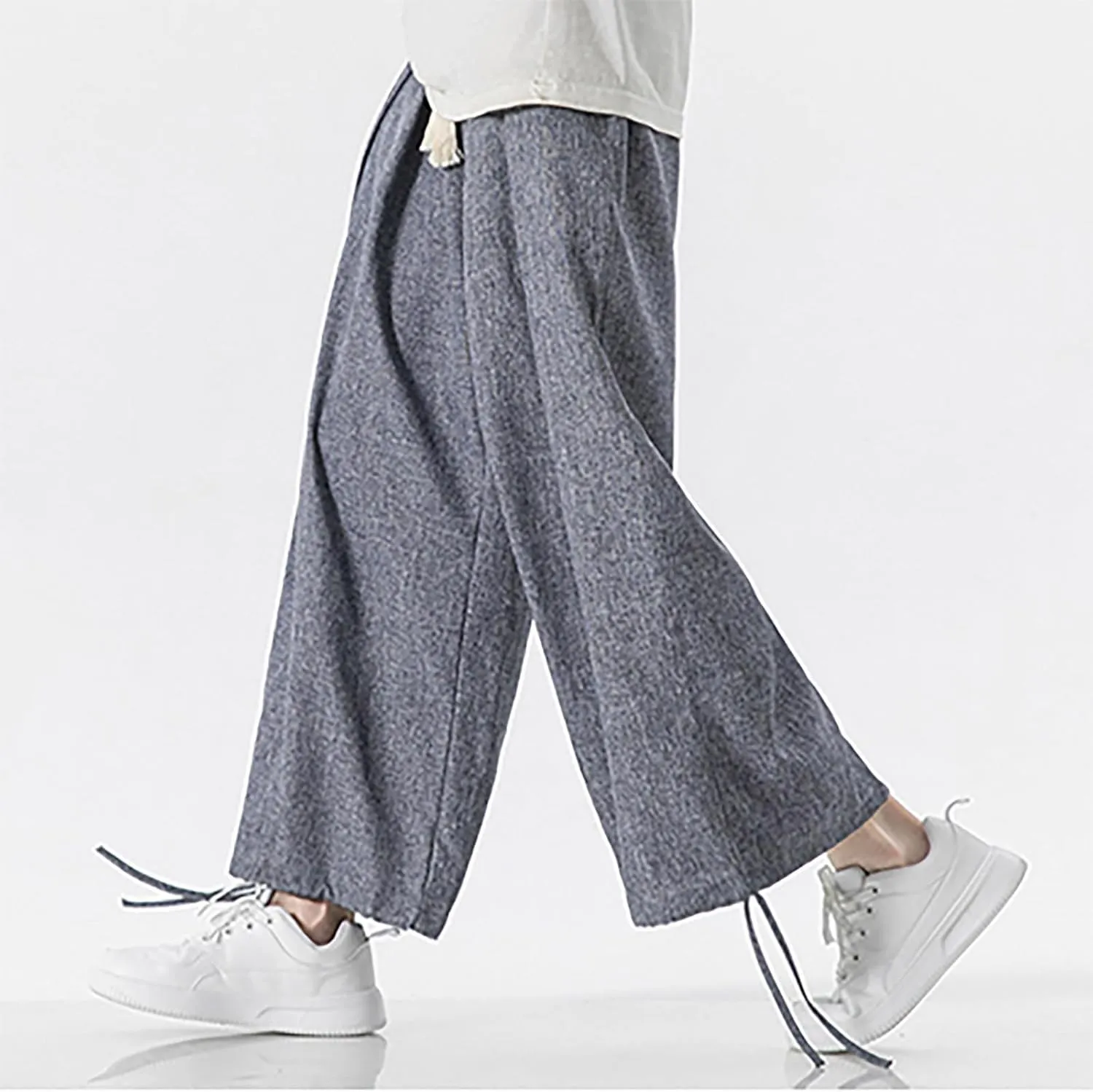 Men's Casual Linen Pants Elastic Waist Drawstring Summer Straight Solid Beach Pants Lightweight Drawstring Trousers
