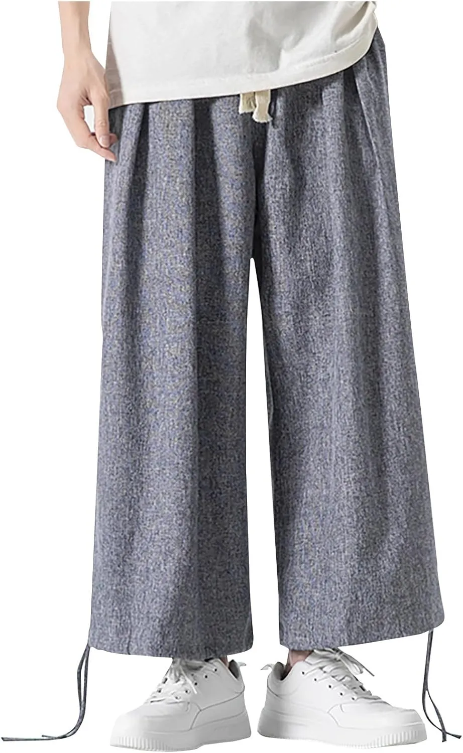 Men's Casual Linen Pants Elastic Waist Drawstring Summer Straight Solid Beach Pants Lightweight Drawstring Trousers