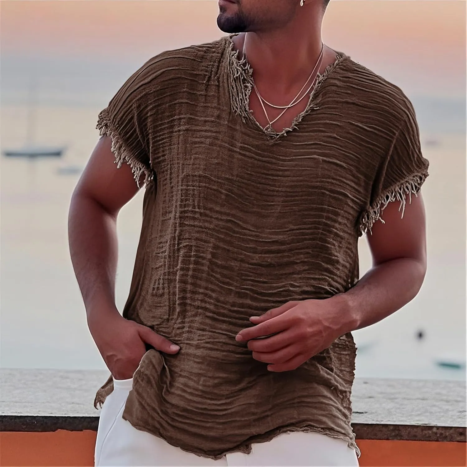 Men's Casual Linen T Shirts V Neck Short Sleeve Washed Shirts Frayed Raw Edges Tops Summer Beach Vacation Yoga Tops