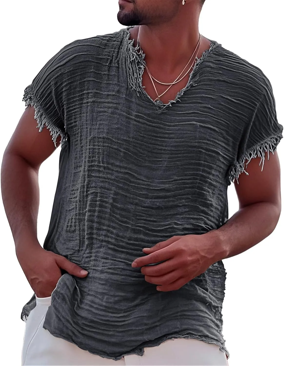 Men's Casual Linen T Shirts V Neck Short Sleeve Washed Shirts Frayed Raw Edges Tops Summer Beach Vacation Yoga Tops