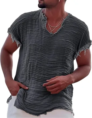Men's Casual Linen T Shirts V Neck Short Sleeve Washed Shirts Frayed Raw Edges Tops Summer Beach Vacation Yoga Tops