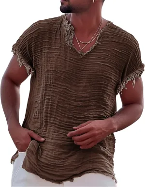 Men's Casual Linen T Shirts V Neck Short Sleeve Washed Shirts Frayed Raw Edges Tops Summer Beach Vacation Yoga Tops