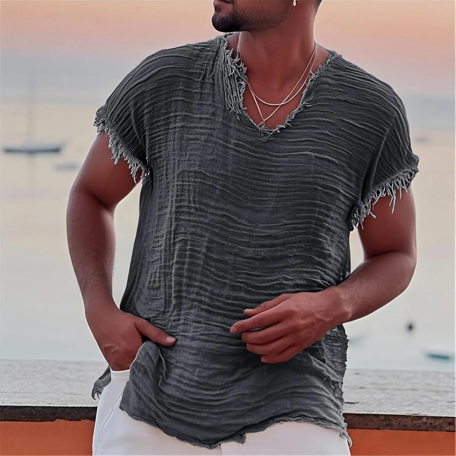 Men's Casual Linen T Shirts V Neck Short Sleeve Washed Shirts Frayed Raw Edges Tops Summer Beach Vacation Yoga Tops