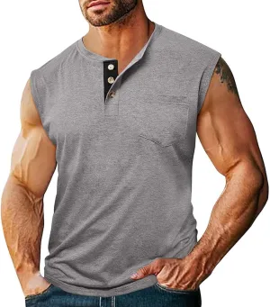 Men's Casual Workout Tank Top Muscle Fit Sleeveless Cut Off Henley T-Shirt Quick Drying Yoga Running Vest Tops
