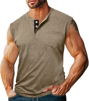 Men's Casual Workout Tank Top Muscle Fit Sleeveless Cut Off Henley T-Shirt Quick Drying Yoga Running Vest Tops