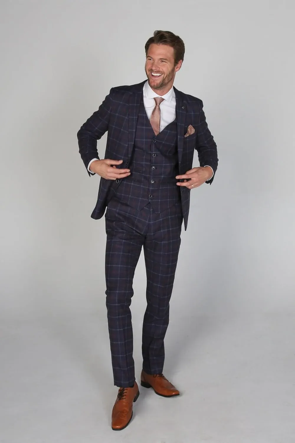 Men's Check Tailored Fit Suit Formal Wedding Business Navy Blue 3 Piece Set