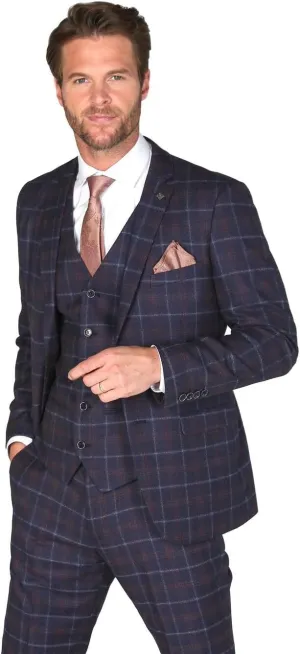 Men's Check Tailored Fit Suit Formal Wedding Business Navy Blue 3 Piece Set