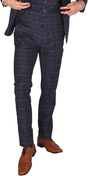 Men's Check Tailored Fit Suit Formal Wedding Business Navy Blue 3 Piece Set