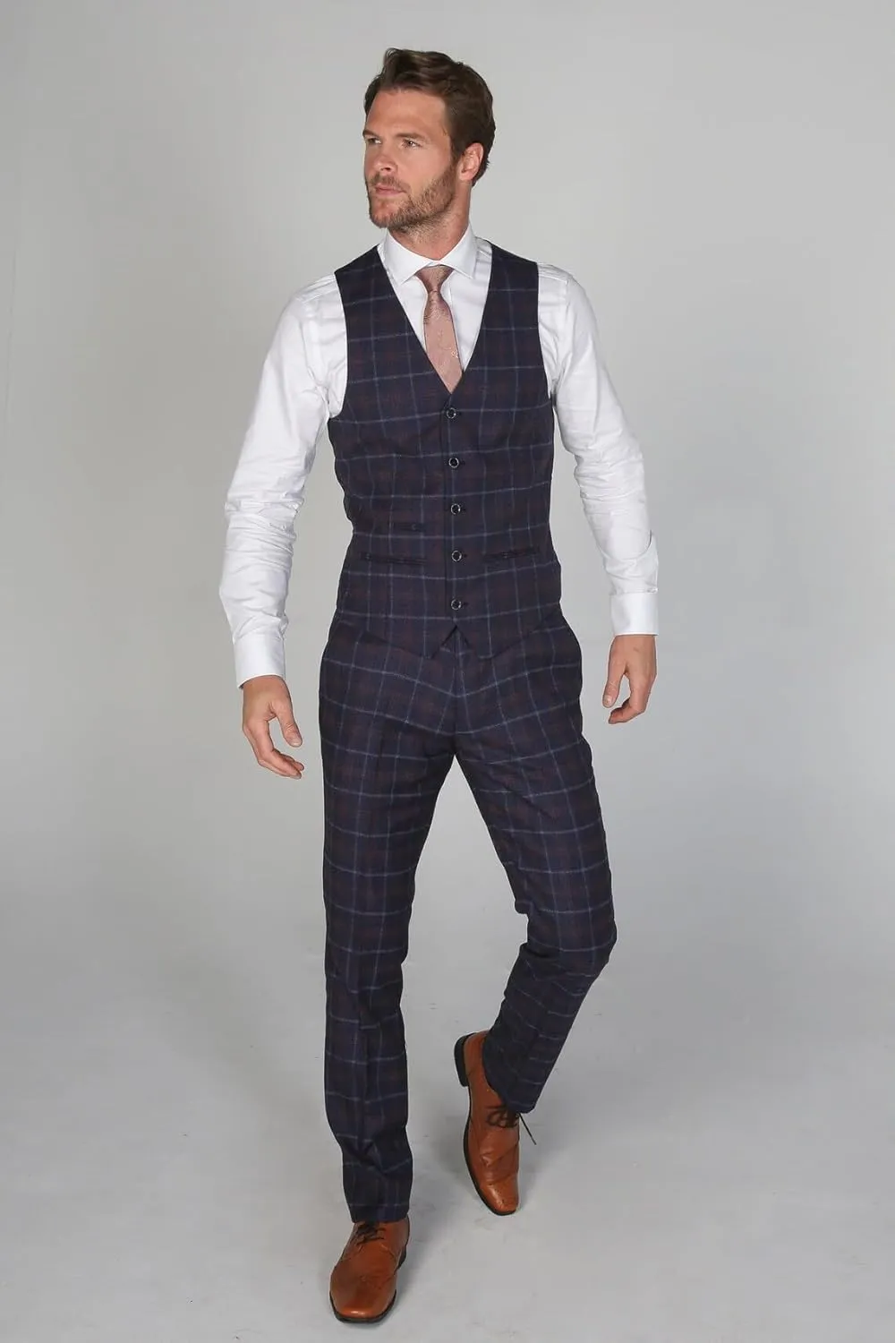 Men's Check Tailored Fit Suit Formal Wedding Business Navy Blue 3 Piece Set
