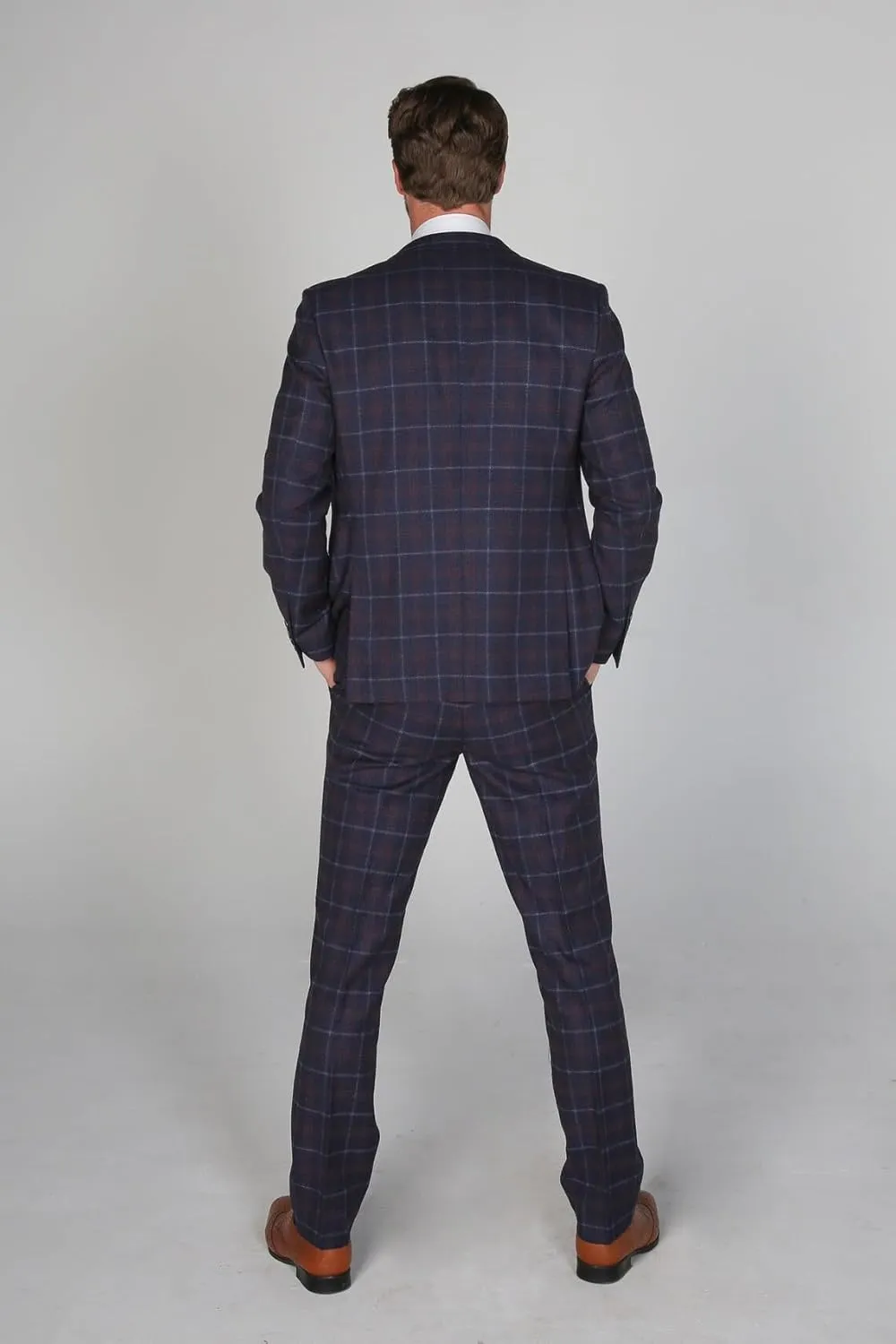 Men's Check Tailored Fit Suit Formal Wedding Business Navy Blue 3 Piece Set