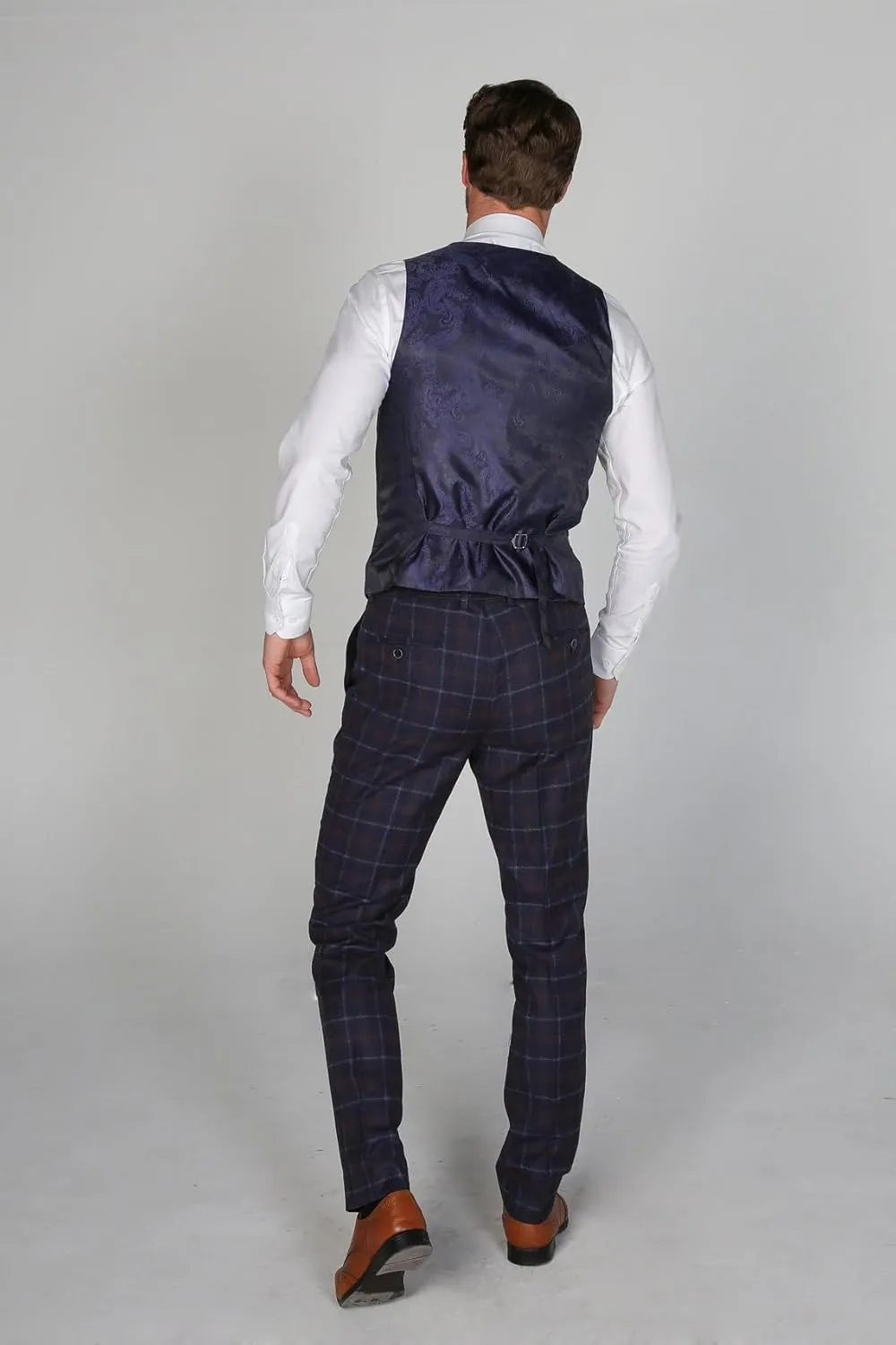 Men's Check Tailored Fit Suit Formal Wedding Business Navy Blue 3 Piece Set