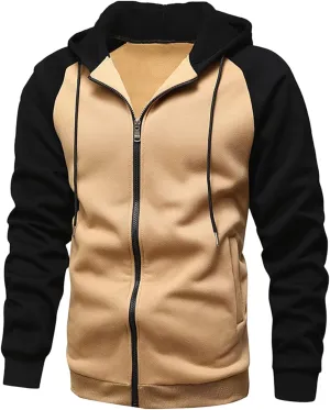 Men's Color Block Fleece Hoodies Full-Zip Jacket Heavyweight Thermal Fleece Jackets with Pocket for Warmth Outerwear