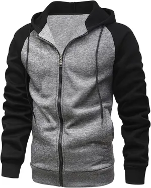 Men's Color Block Fleece Hoodies Full-Zip Jacket Heavyweight Thermal Fleece Jackets with Pocket for Warmth Outerwear