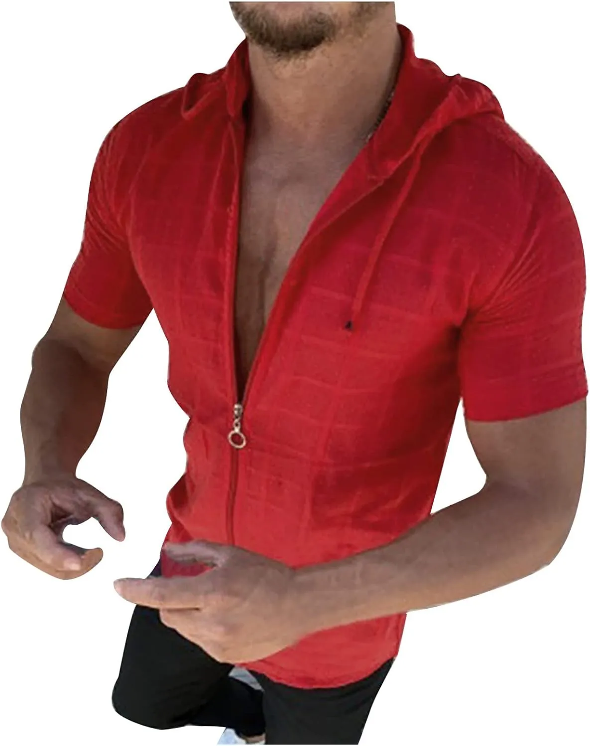 Mens Comfortable Zip Up Hoodie Short Sleeve Lightweight Cotton Zipper Casual Fashion Slim-fit Drawstring Pullover Top Shirts