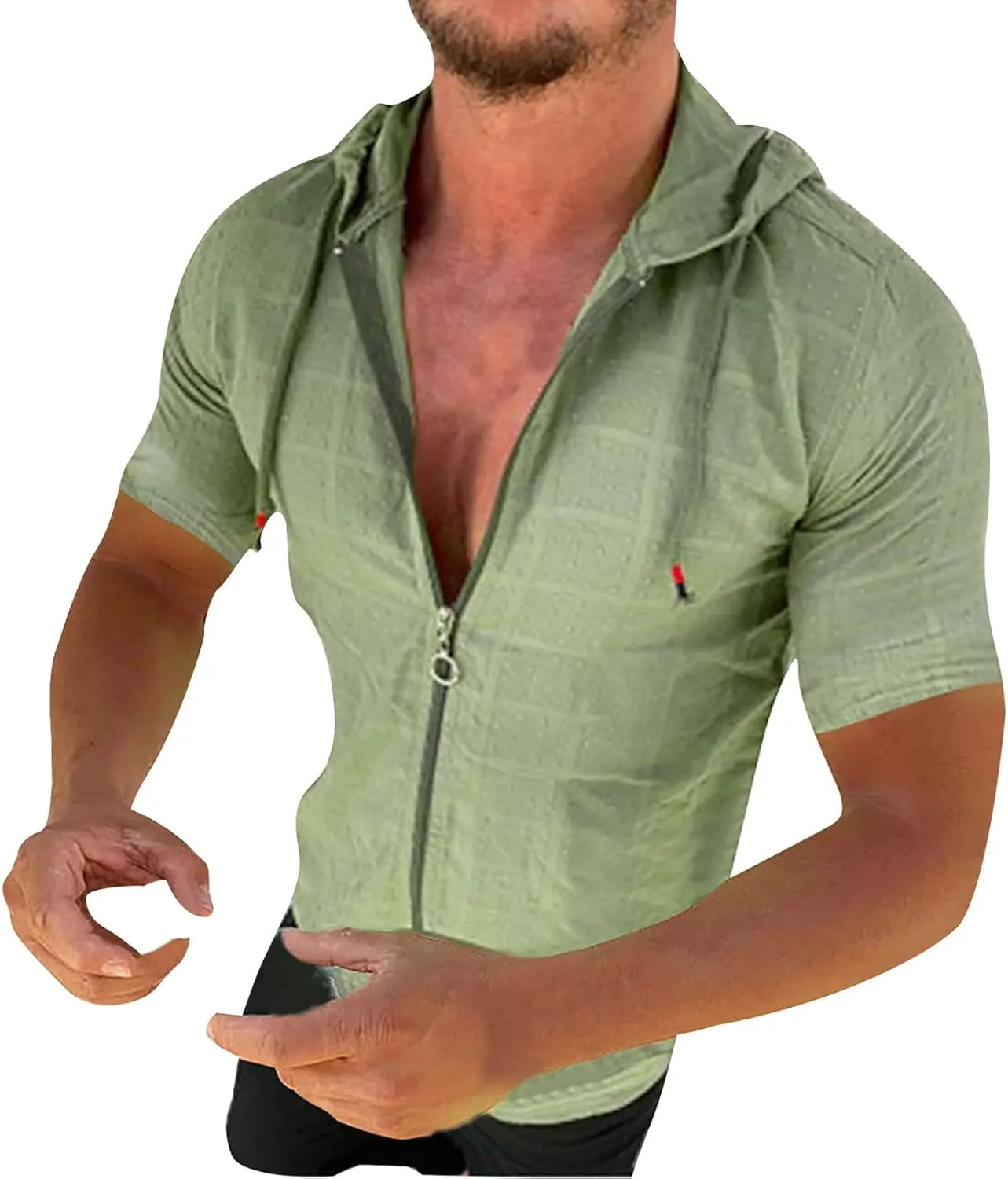 Mens Comfortable Zip Up Hoodie Short Sleeve Lightweight Cotton Zipper Casual Fashion Slim-fit Drawstring Pullover Top Shirts