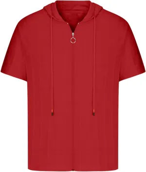 Mens Comfortable Zip Up Hoodie Short Sleeve Lightweight Cotton Zipper Casual Fashion Slim-fit Drawstring Pullover Top Shirts