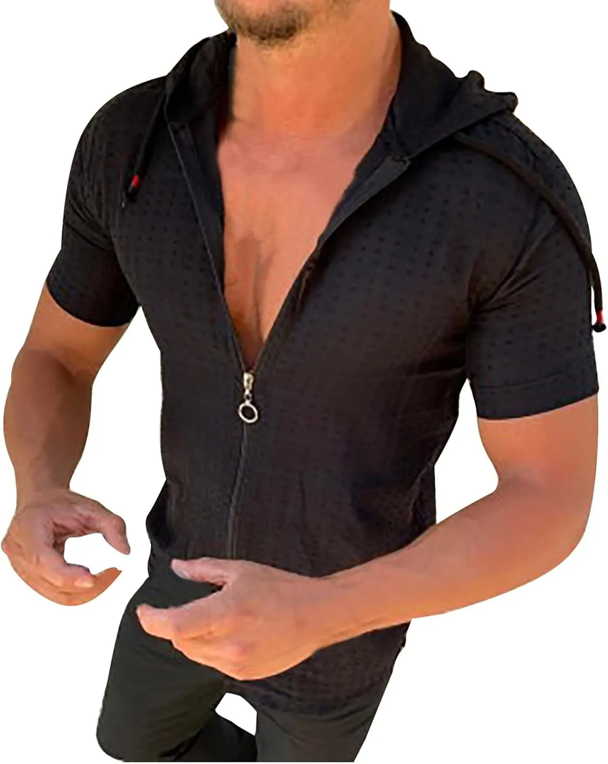 Mens Comfortable Zip Up Hoodie Short Sleeve Lightweight Cotton Zipper Casual Fashion Slim-fit Drawstring Pullover Top Shirts
