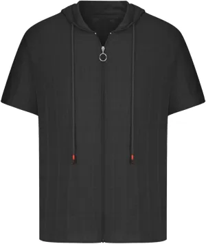 Mens Comfortable Zip Up Hoodie Short Sleeve Lightweight Cotton Zipper Casual Fashion Slim-fit Drawstring Pullover Top Shirts