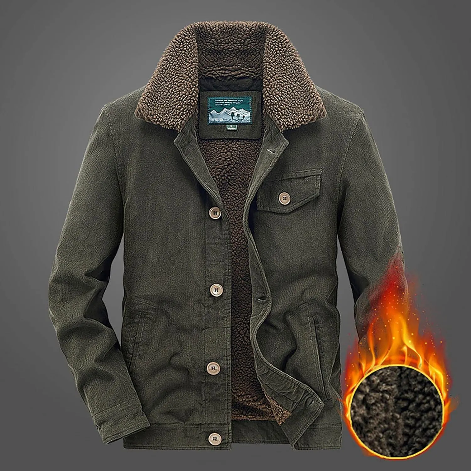 Mens Corduroy Jacket Sherpa Lined Fleece Trucker Jackets Cotton Turn-Down Collar Jacket Warm Winter Soft Coat Outwear