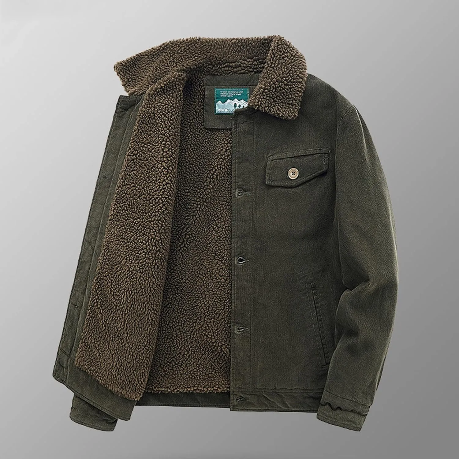 Mens Corduroy Jacket Sherpa Lined Fleece Trucker Jackets Cotton Turn-Down Collar Jacket Warm Winter Soft Coat Outwear