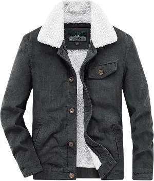Mens Corduroy Jacket Sherpa Lined Fleece Trucker Jackets Cotton Turn-Down Collar Jacket Warm Winter Soft Coat Outwear